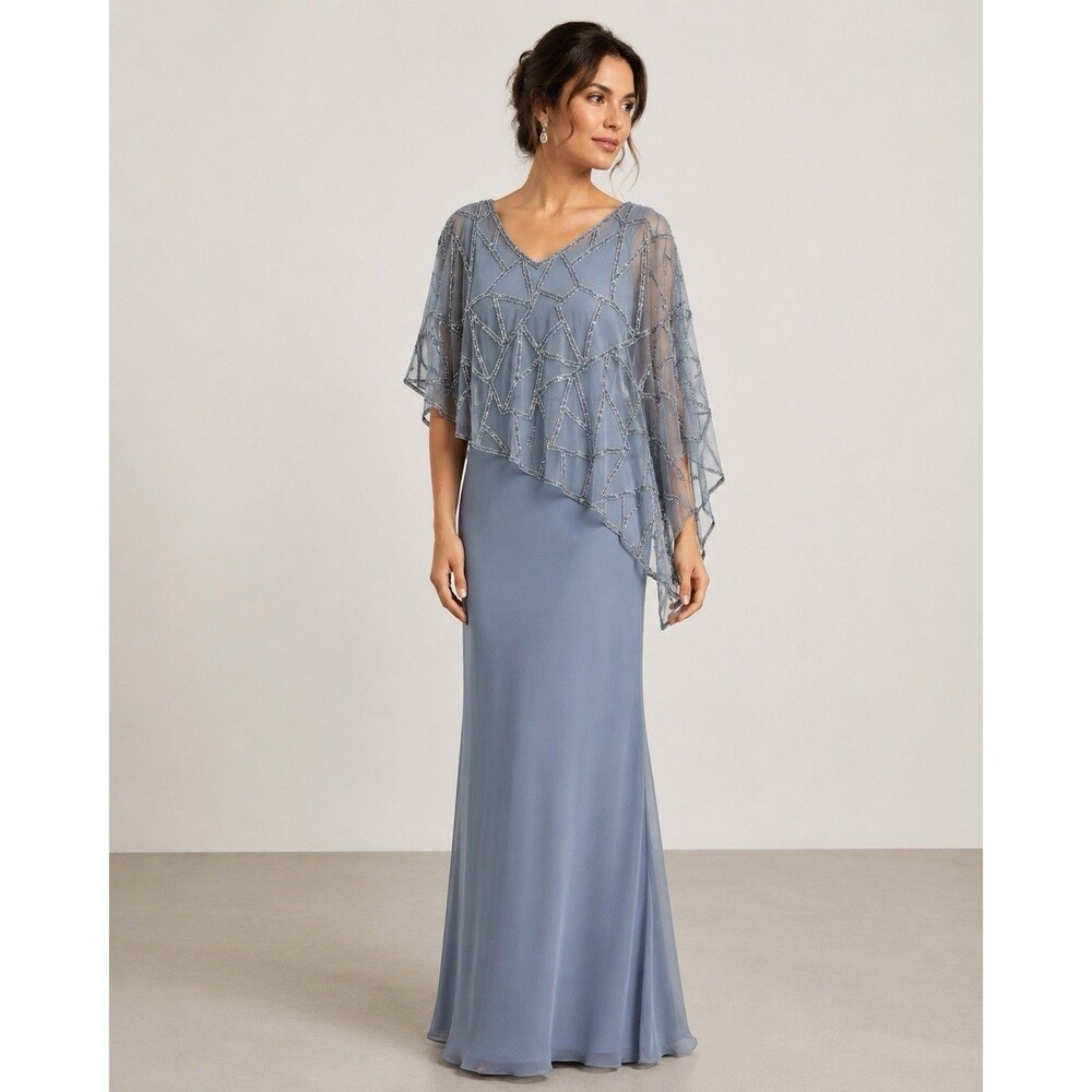 J Kara Blue Holiday NYE Geometric Sequin Capelet Long Beaded Gown Evening Dress